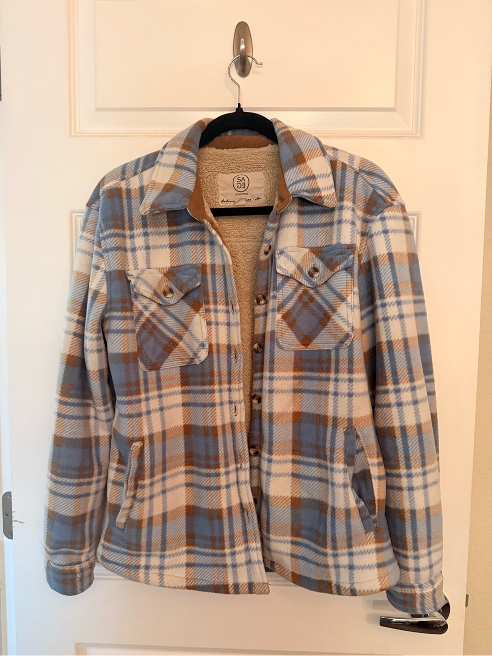 Sage Plaid Teddy Jacket in Blue, Tan & Cream